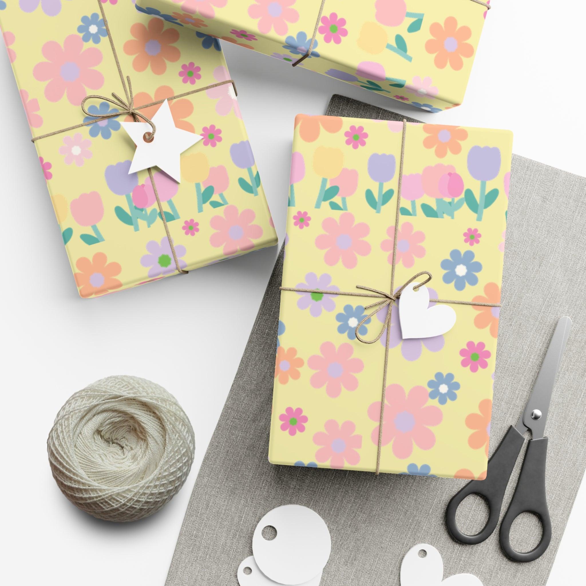 Soft Pink, Peach, Purple, and Green Floral Designs on Pastel Yellow Wrapping Paper Perfect for Elegant Gifts & Spring Celebrations Bridal Showers - MRSBYVALLE
