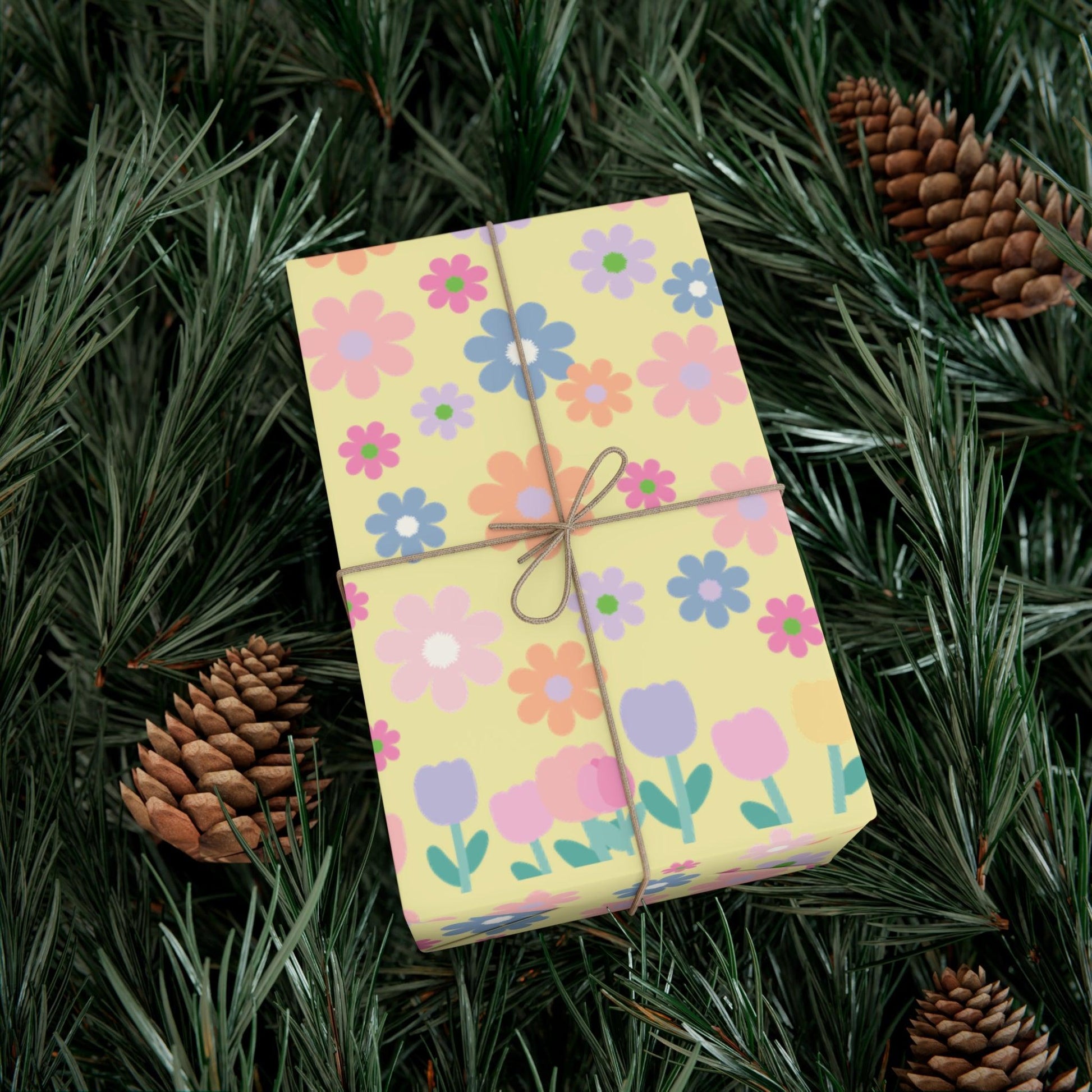 Soft Pink, Peach, Purple, and Green Floral Designs on Pastel Yellow Wrapping Paper Perfect for Elegant Gifts & Spring Celebrations Bridal Showers - MRSBYVALLE
