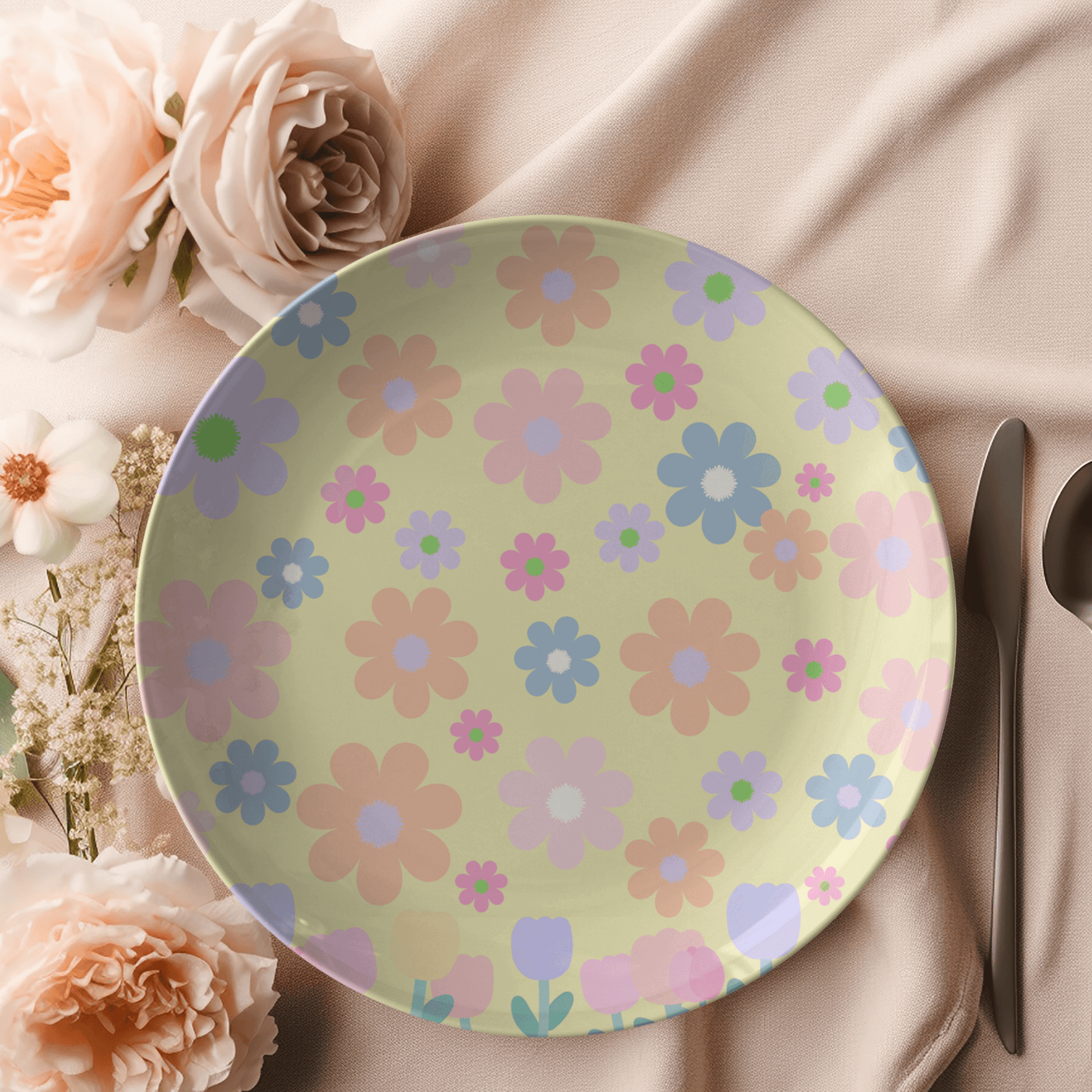 Spring Blossom Elegance 10" Pastel Mint Plate Adorned with Soft Floral Accents - MRSBYVALLE