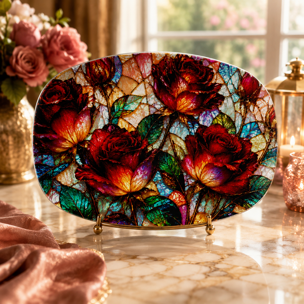 Scarlet Rose Garden Stained Glass Illusion Serving Platter | Elegant Red Rose Floral Platter