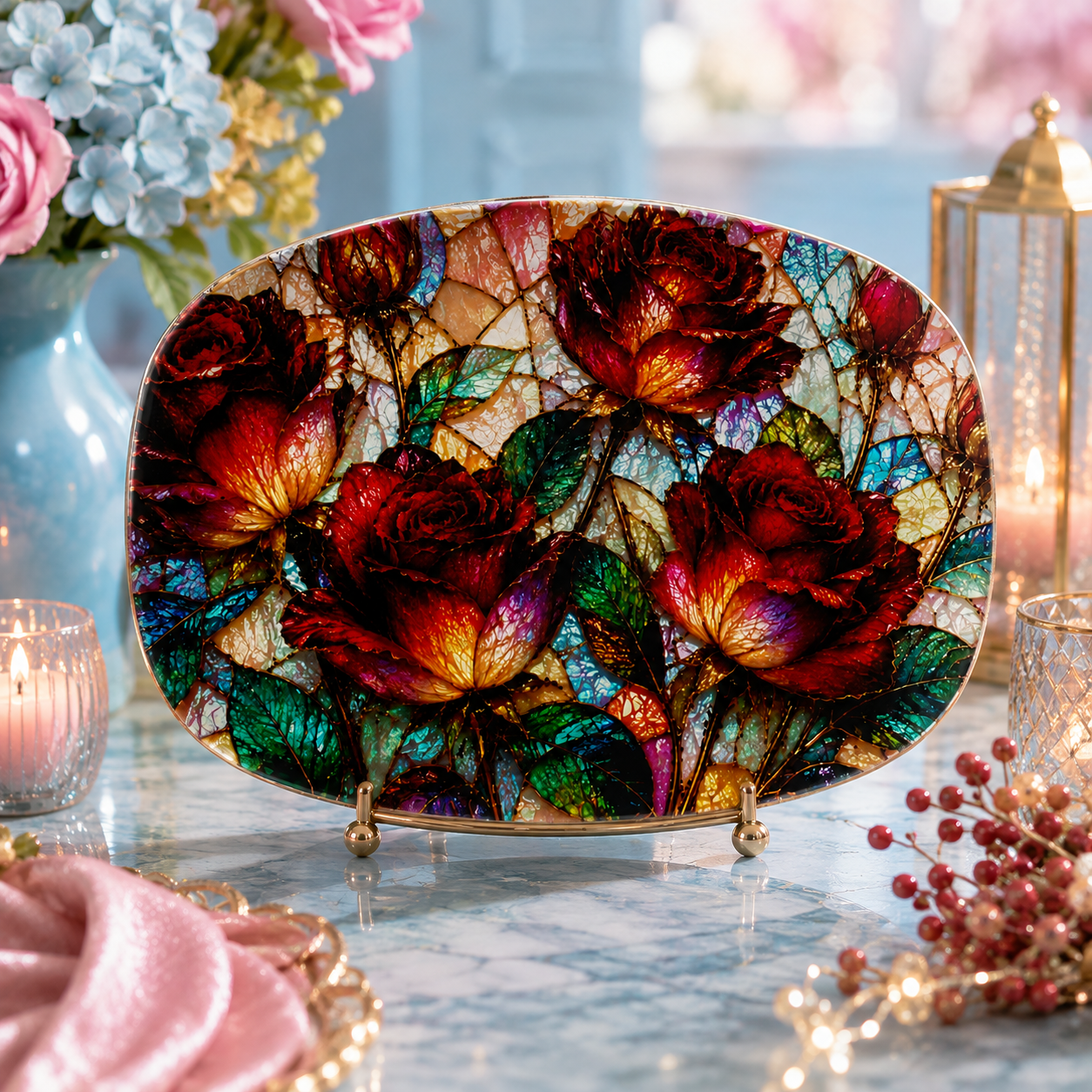 Scarlet Rose Garden Stained Glass Illusion Serving Platter | Elegant Red Rose Floral Platter