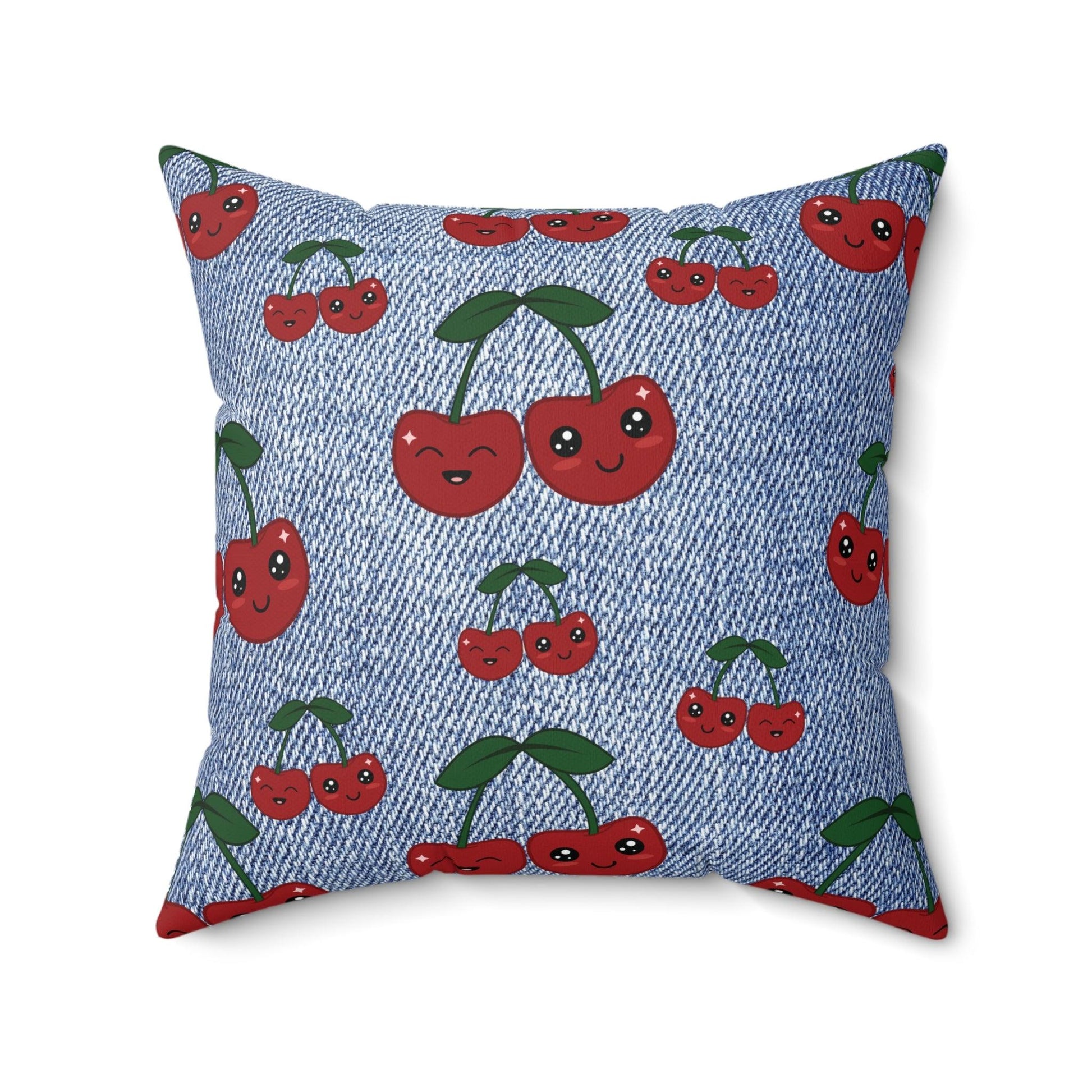 Stylish Square Pillow with Unique Faux Denim Cherry Design Add a Touch of Elegance and Comfort to Your Living Space with Our Soft and Decorative Cushion for Living Room, Bedroom or Housewarming Gift New House, Bridal Shower Gift - MRSBYVALLE