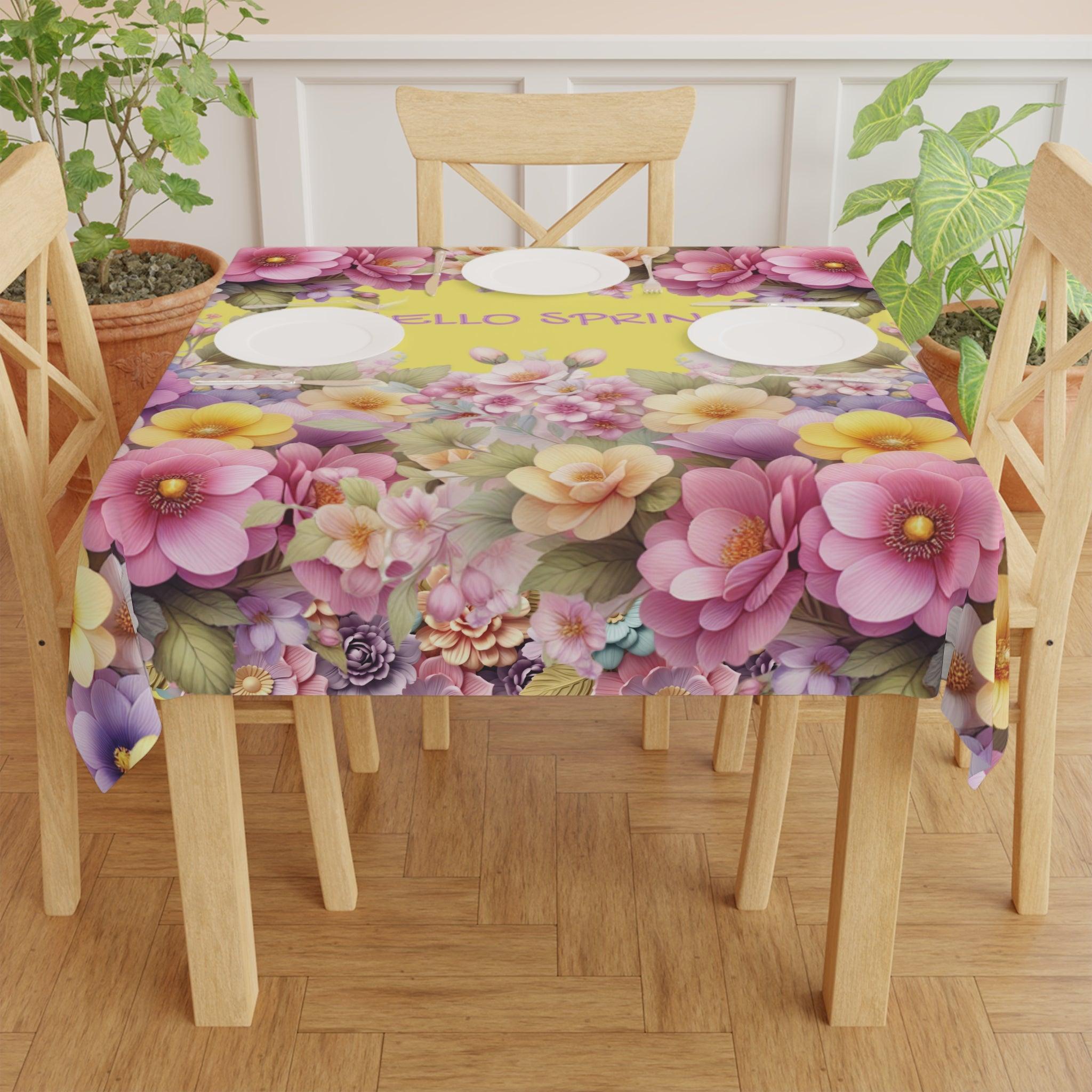 Tablecloth Yellow Hello Spring Floral Elegant, Washable Linens for Home, Weddings, Birthdays all Events Durable & Stylish for All Occasions - MRSBYVALLE