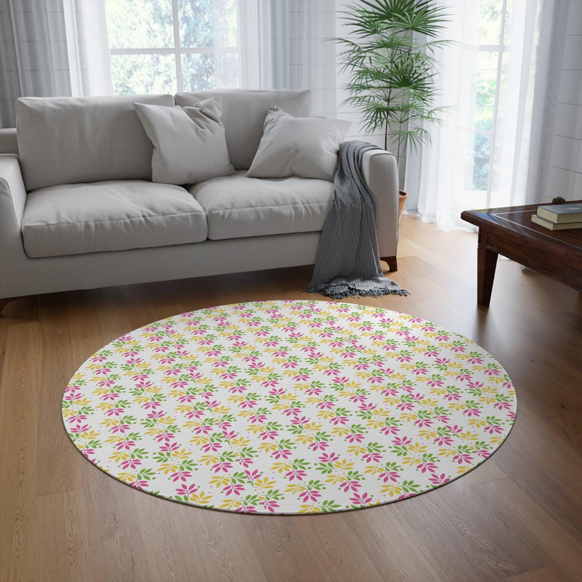 Vibrant Pink, Mint Green & Yellow Boho Chic Botanical Leaf 60x60 Round Rug Nature-Inspired Charm to Any Room Housewarming Gift Newlywed New House Rug interior Designer - MRSBYVALLE