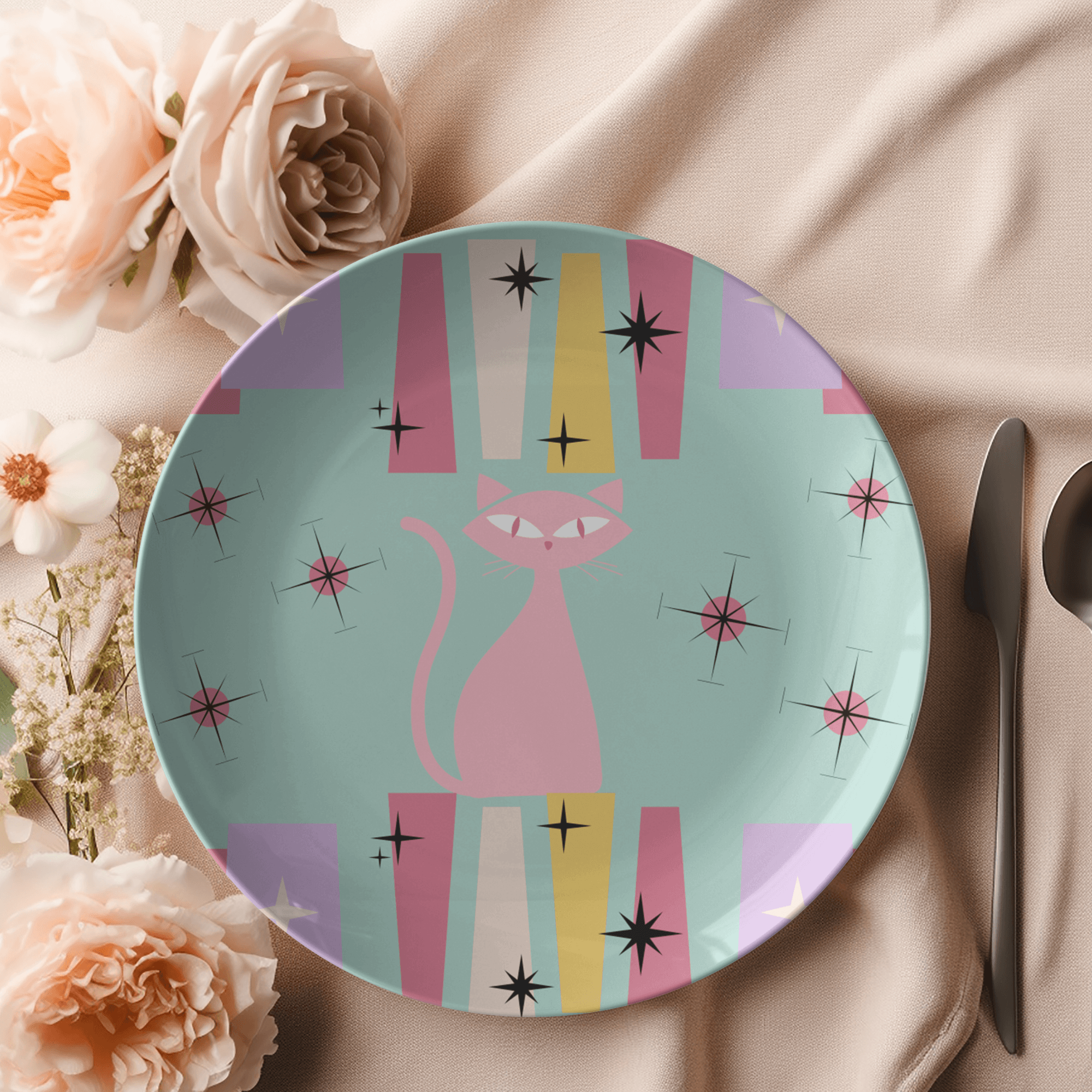 Vintage Atomic Cat Plate: Mid-Century Modern Design Ceramic Dish with Retro Feline Illustration - Perfect for Collectors and Home Decor Enthusiasts Seeking Unique Kitchenware - MRSBYVALLE