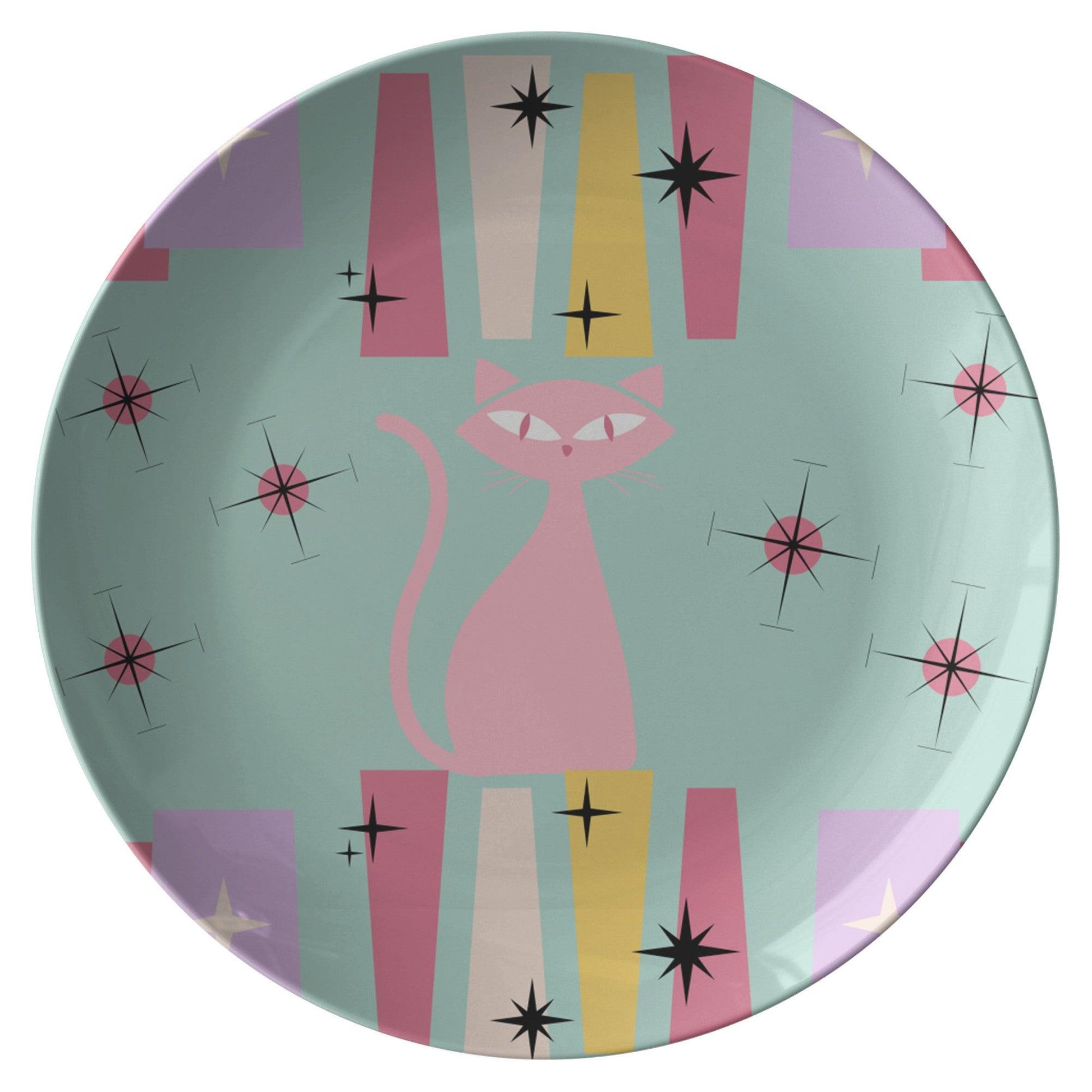Vintage Atomic Cat Plate: Mid-Century Modern Design Ceramic Dish with Retro Feline Illustration - Perfect for Collectors and Home Decor Enthusiasts Seeking Unique Kitchenware - MRSBYVALLE
