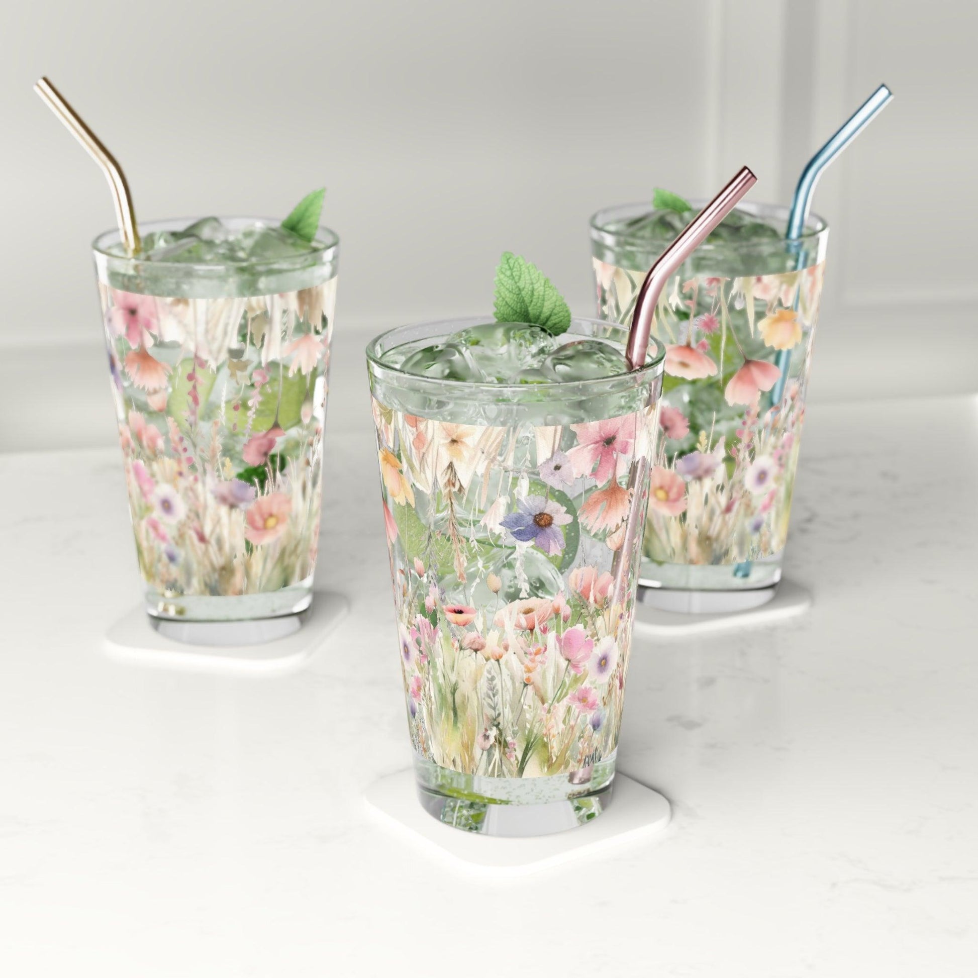 Watercolor Pastel Floral 16oz Pint Glass Gifts, Party Drinkware, Cocktail, Wedding Perfect for Parties Glassware - MRSBYVALLE
