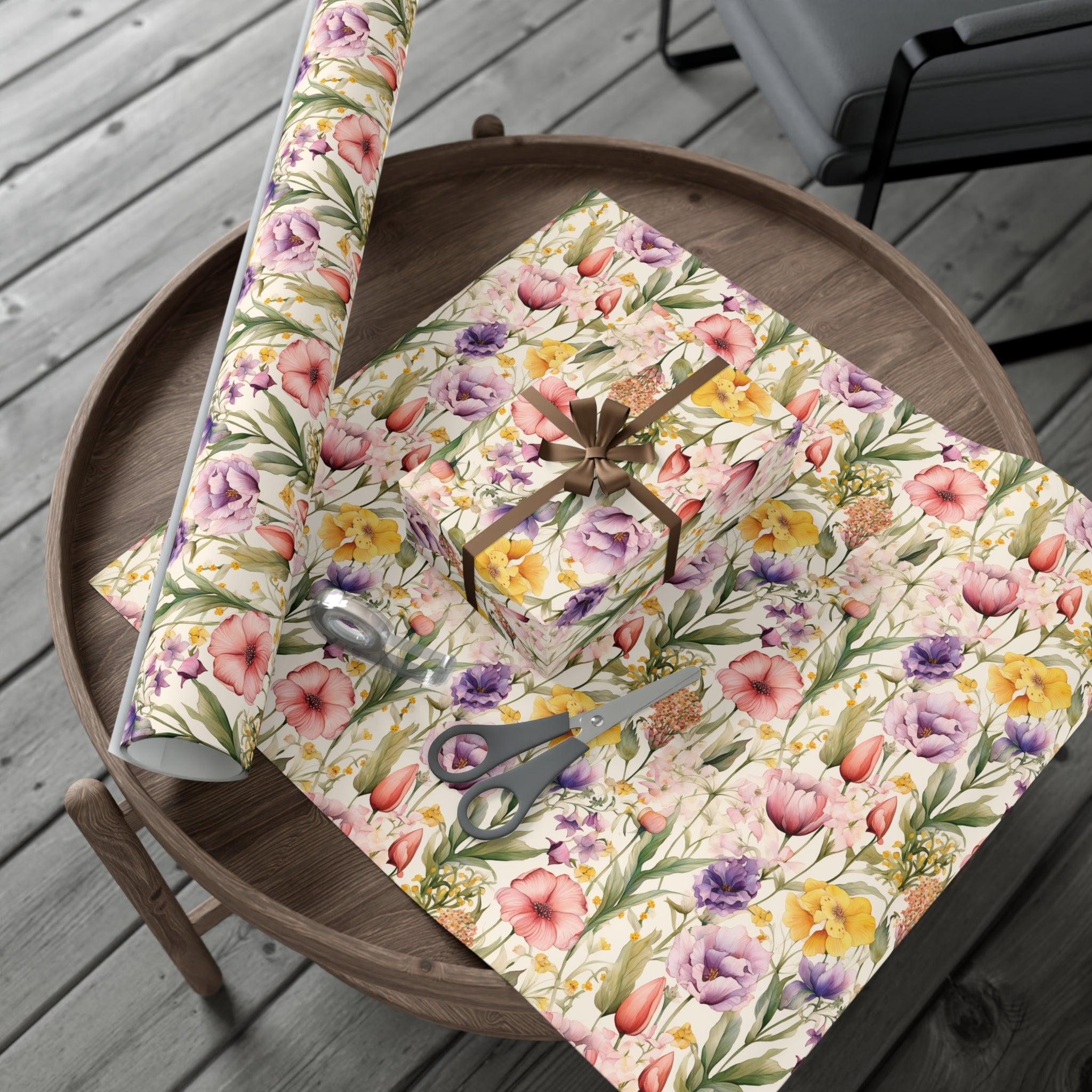Watercolor Wildflowers Soft Pink, Peach, Purple, and Green Yellow Wrapping Paper Perfect for Elegant Gifts & Spring Celebrations Bridal Showers - MRSBYVALLE