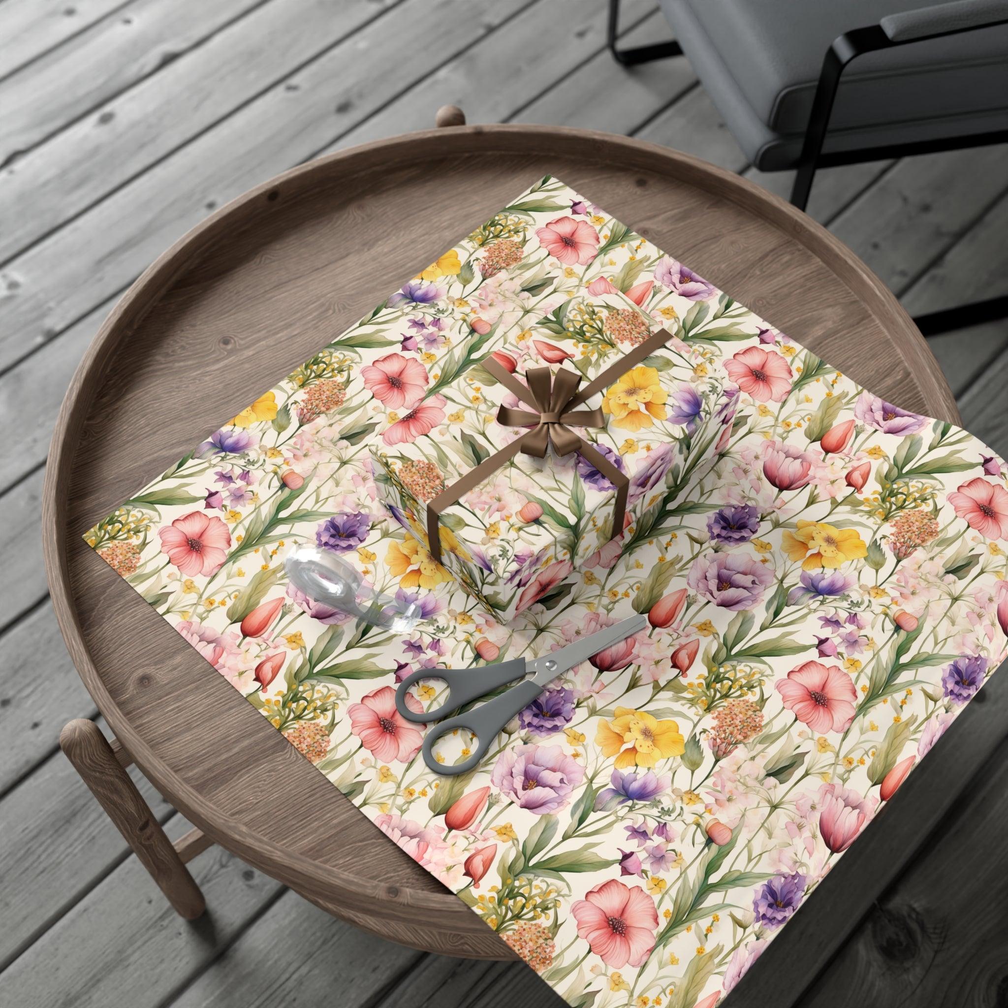 Watercolor Wildflowers Soft Pink, Peach, Purple, and Green Yellow Wrapping Paper Perfect for Elegant Gifts & Spring Celebrations Bridal Showers - MRSBYVALLE