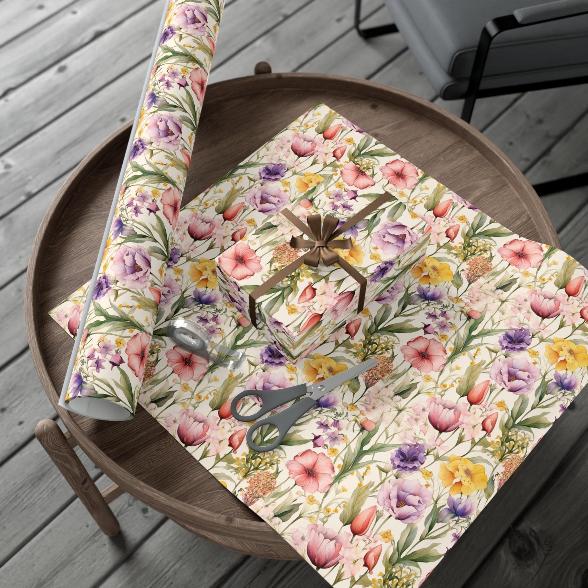 Watercolor Wildflowers Soft Pink, Peach, Purple, and Green Yellow Wrapping Paper Perfect for Elegant Gifts & Spring Celebrations Bridal Showers - MRSBYVALLE