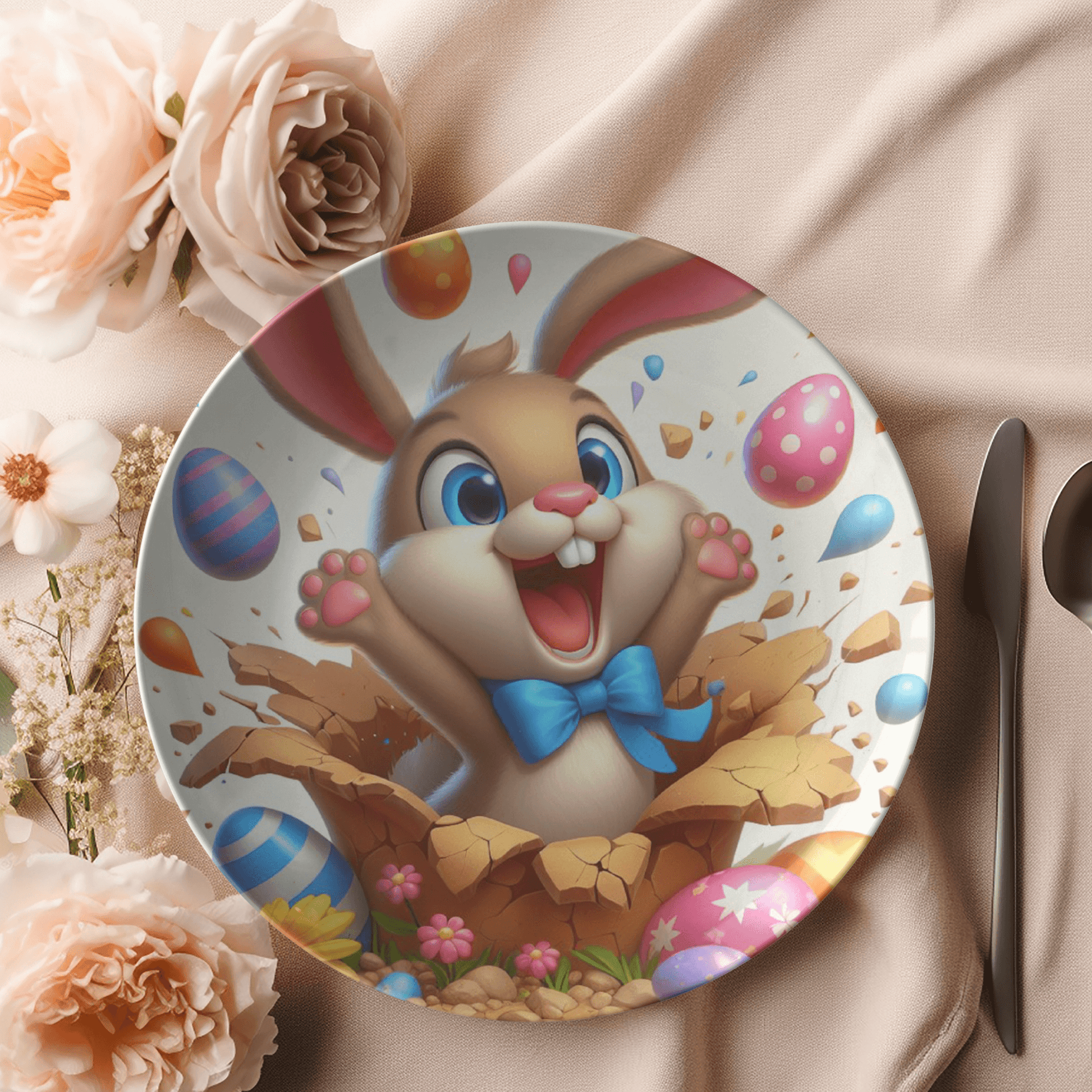 Whimsical 10-Inch 3D Illusion Bunny Plate with Pastel Egg Design Fun Festive Dinnerware for Easter Mother's Day - MRSBYVALLE
