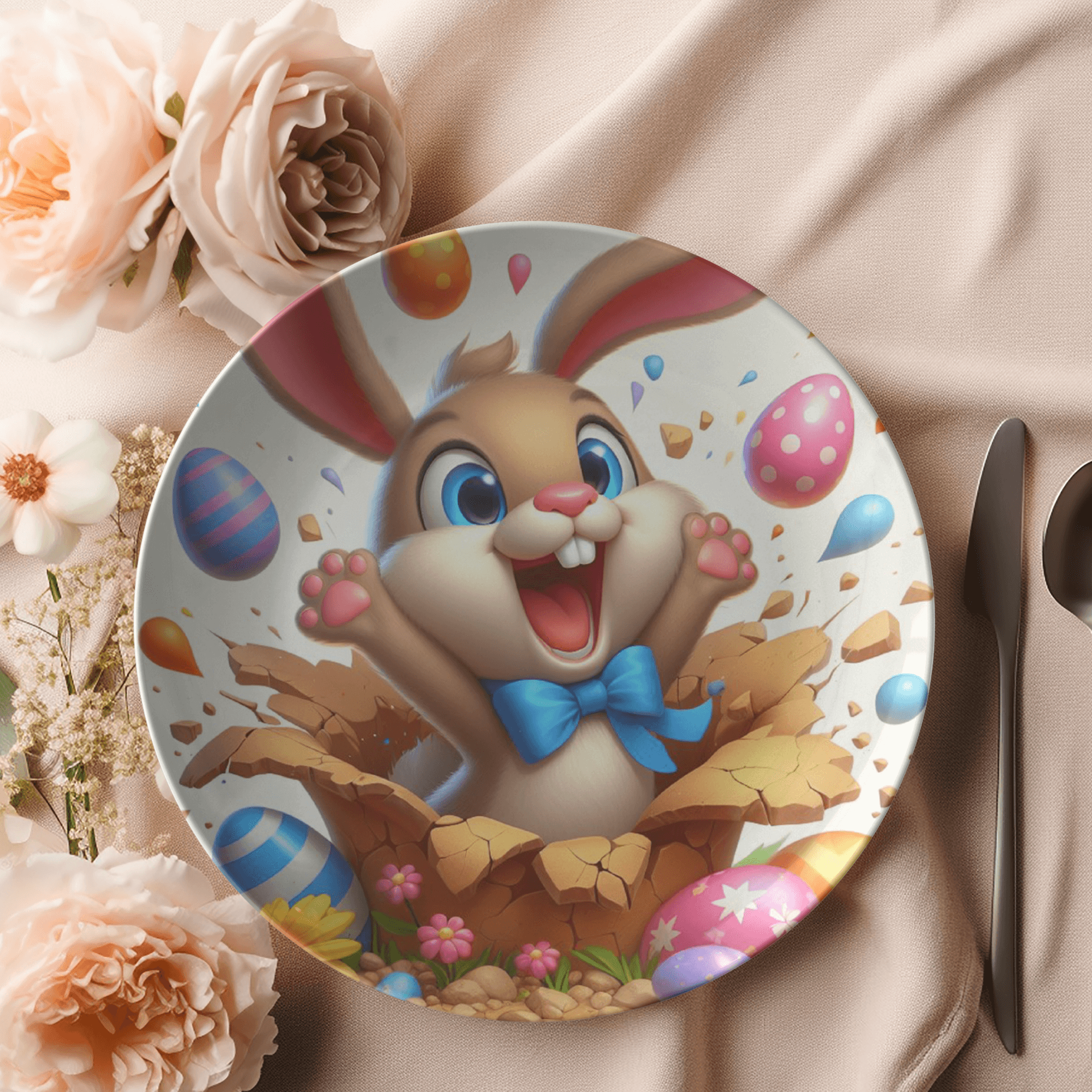Whimsical 10-Inch 3D Illusion Bunny Plate with Pastel Egg Design Fun Festive Dinnerware for Easter Mother's Day - MRSBYVALLE
